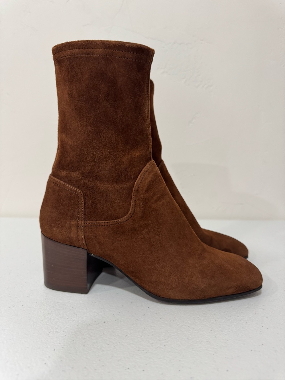 Aquatalia Brown Soft Suede Mid-Calf Block Heel Boots Women's 6 Fall Autumn